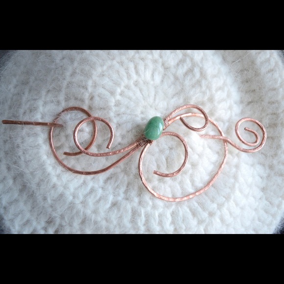 NWOT Copper Barrette Wire Wrapped Aventurine Stone Shawl Pin Brooch - Picture 3 of 4